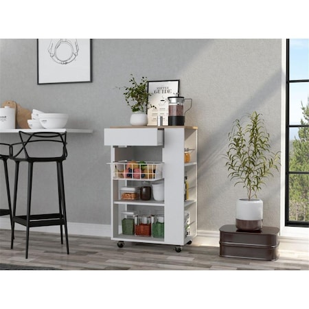Homeroots Sleek Portable Kitchen Cart, White & Light Oak 477881